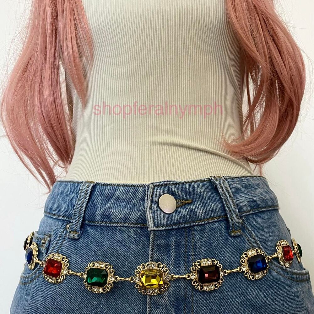 Gold Y2K Multicolor Jewel Whimsygoth Chain Belt, Fits 23-44 Inches, X7GA1479